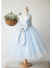 Silver Sequin Blue Tulle V Back Butterfly Flower Girl Dress